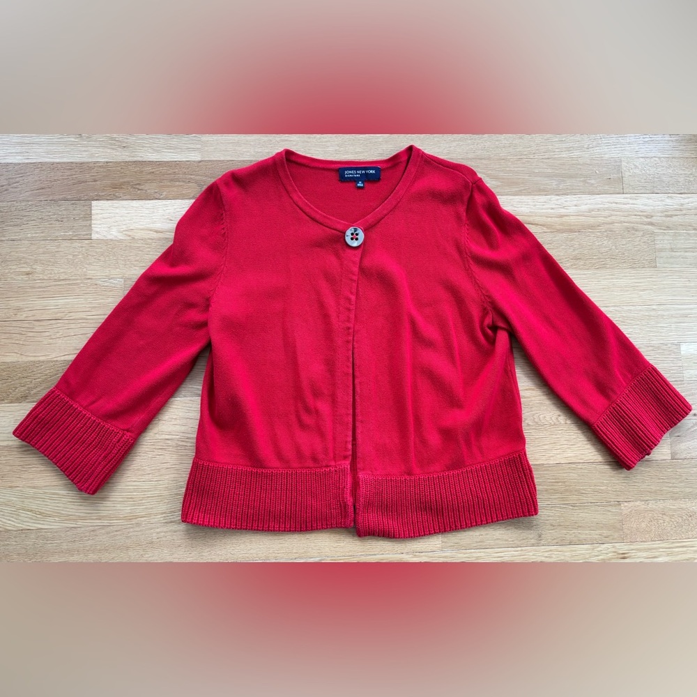 JONES NEW YORK Signature Red Rib Knit Cardigan One Button Jacket Medium